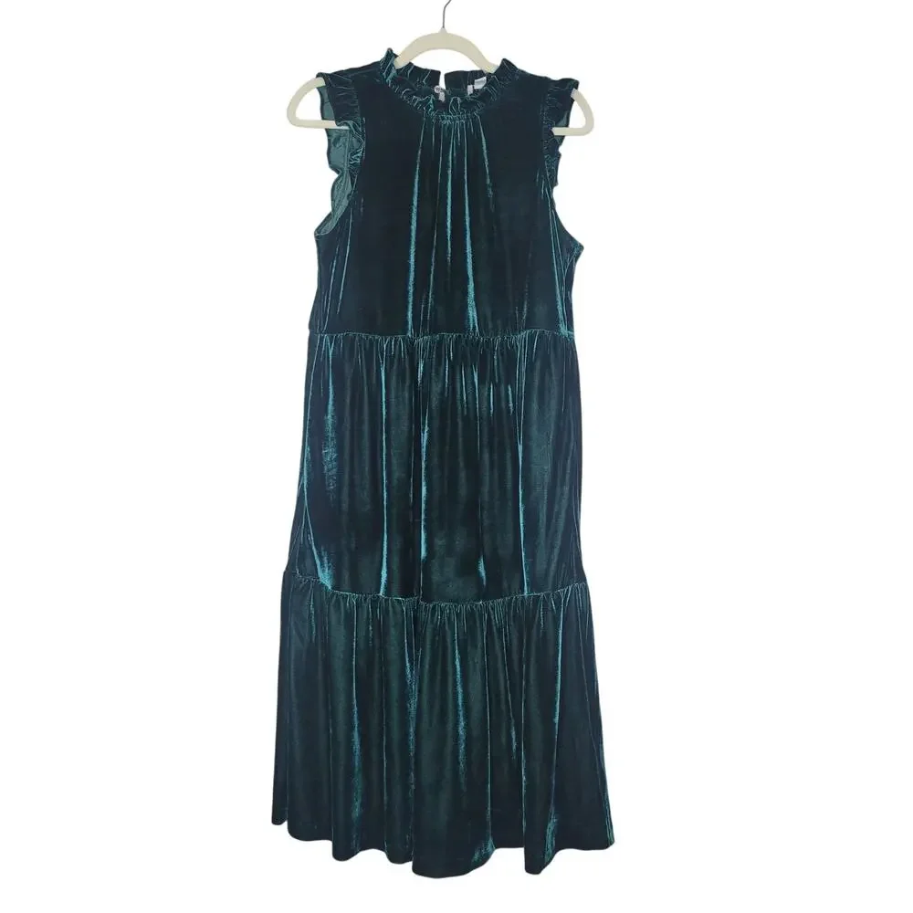 J. Crew Velvet Midi Dress 8 Emerald Green Tiered Ruffle High Neck Romantic Party - Picture 1 of 9
